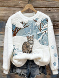 Comstylish Lovely Cat In Snowy Forest Cozy Plush Sweatshirt