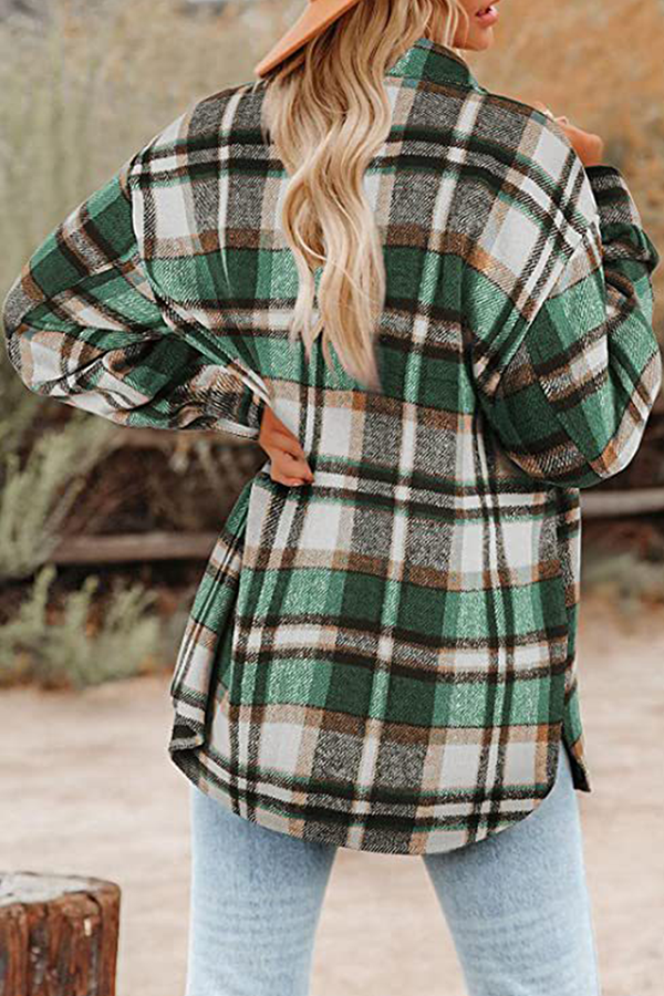 Plaid Pocket Buckle Turndown Collar Outerwear(8 Colors)