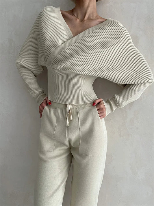 Tossy Knit V-neck Pullover 2 Piece-set for Patchwork Sweater and High Waist Drawstring ’s Pants Sets Outfits