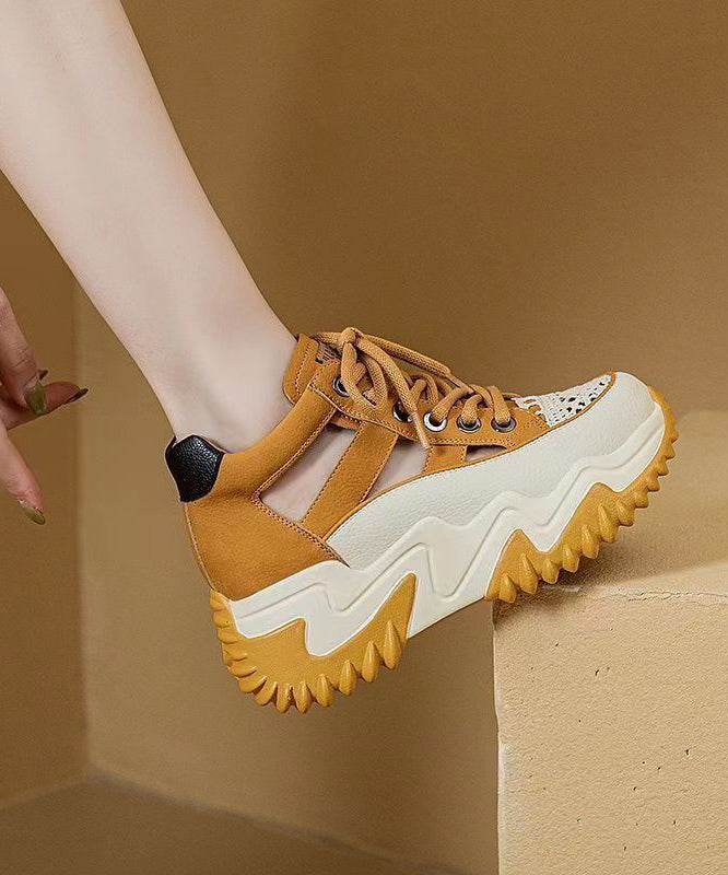 Yellow Cowhide Leather Cross Strap Hollow Out Platform Sandals Oi060