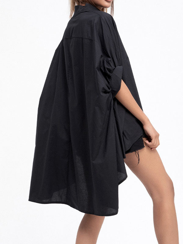 Batwing Sleeves High-low Color Lapel Blouses&shirts Tops