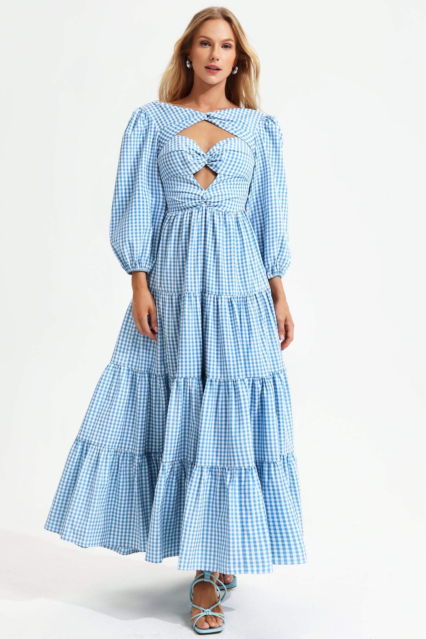 Puff Sleeve Cut-out Tiered Ruffle Hem Backless Maxi Dress
