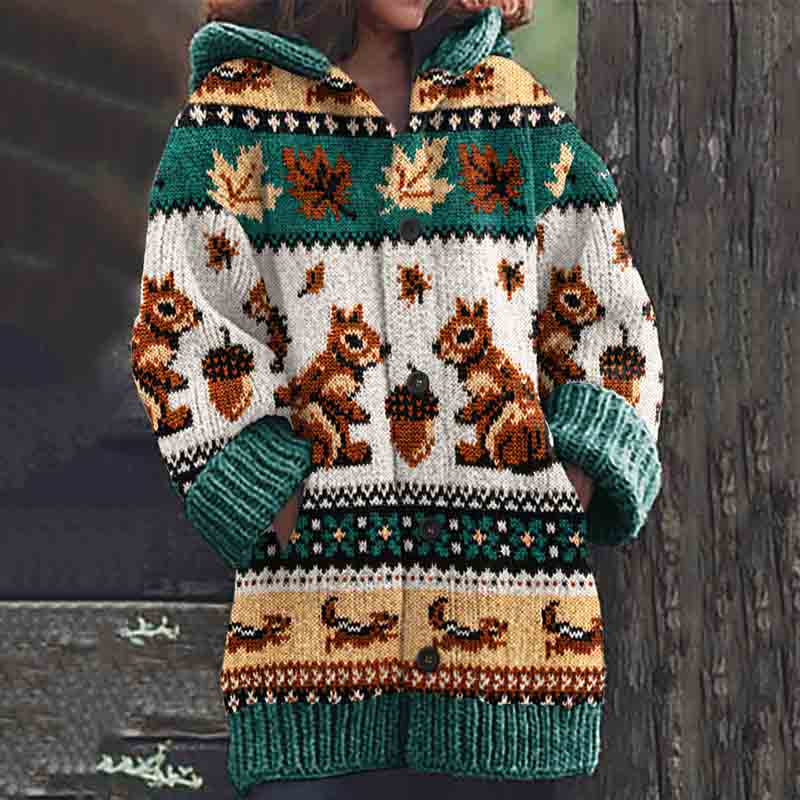 Squirrel Print Knitted Hooded Cardigan artswardrobe