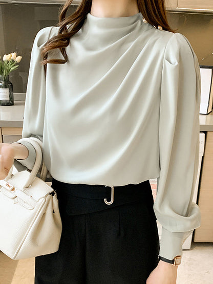 Loose Puff Sleeves Pleated Split-joint High Neck Blouses&shirts Tops