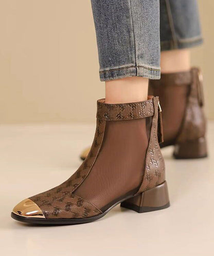 New Summer Coffee Tulle Splicing Chunky Heel Sandals Boots Oi050