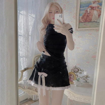 Taruxy One-shoulder Crop Top Mini Skirt Suit ’s Bow Slim Sleeveless Low Waist Splice Skirt Hot Girl Female Club Outfit