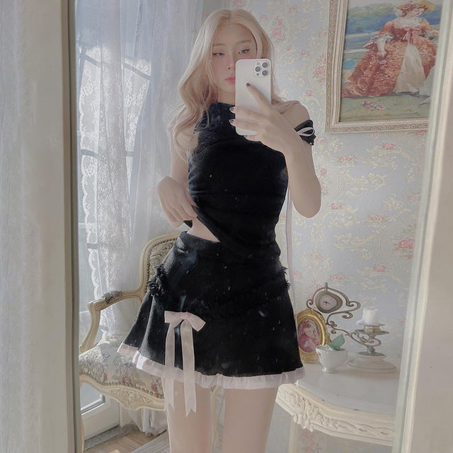 Taruxy One-shoulder Crop Top Mini Skirt Suit ’s Bow Slim Sleeveless Low Waist Splice Skirt Hot Girl Female Club Outfit