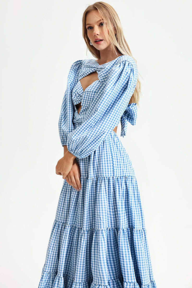 Puff Sleeve Cut-out Tiered Ruffle Hem Backless Maxi Dress