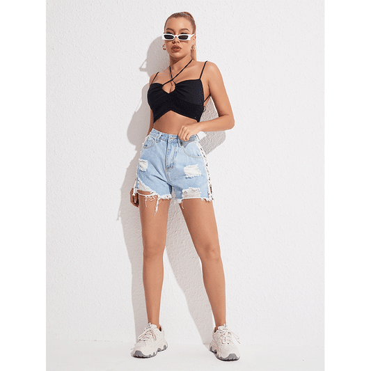 High Waist Lace-up Denim Shorts Summer Slim Fit Pants