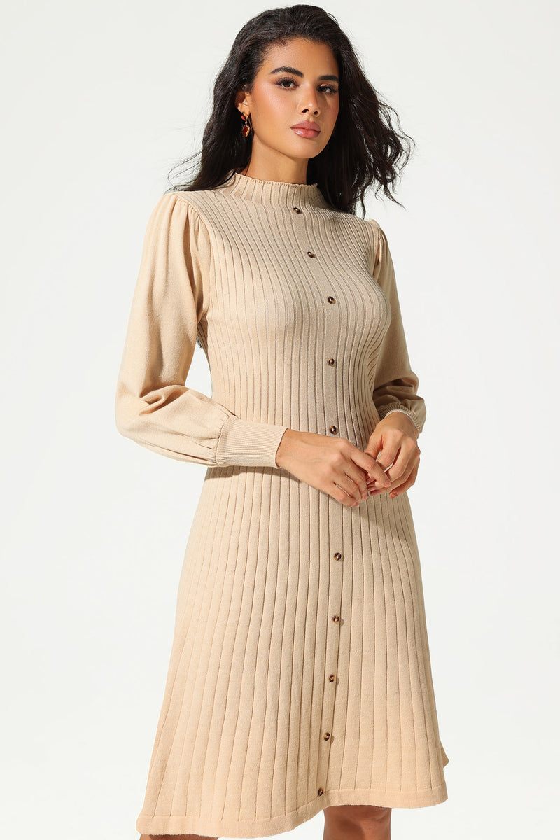 Knit Long Sleeve Pleated Buckle Slim Midi Dress