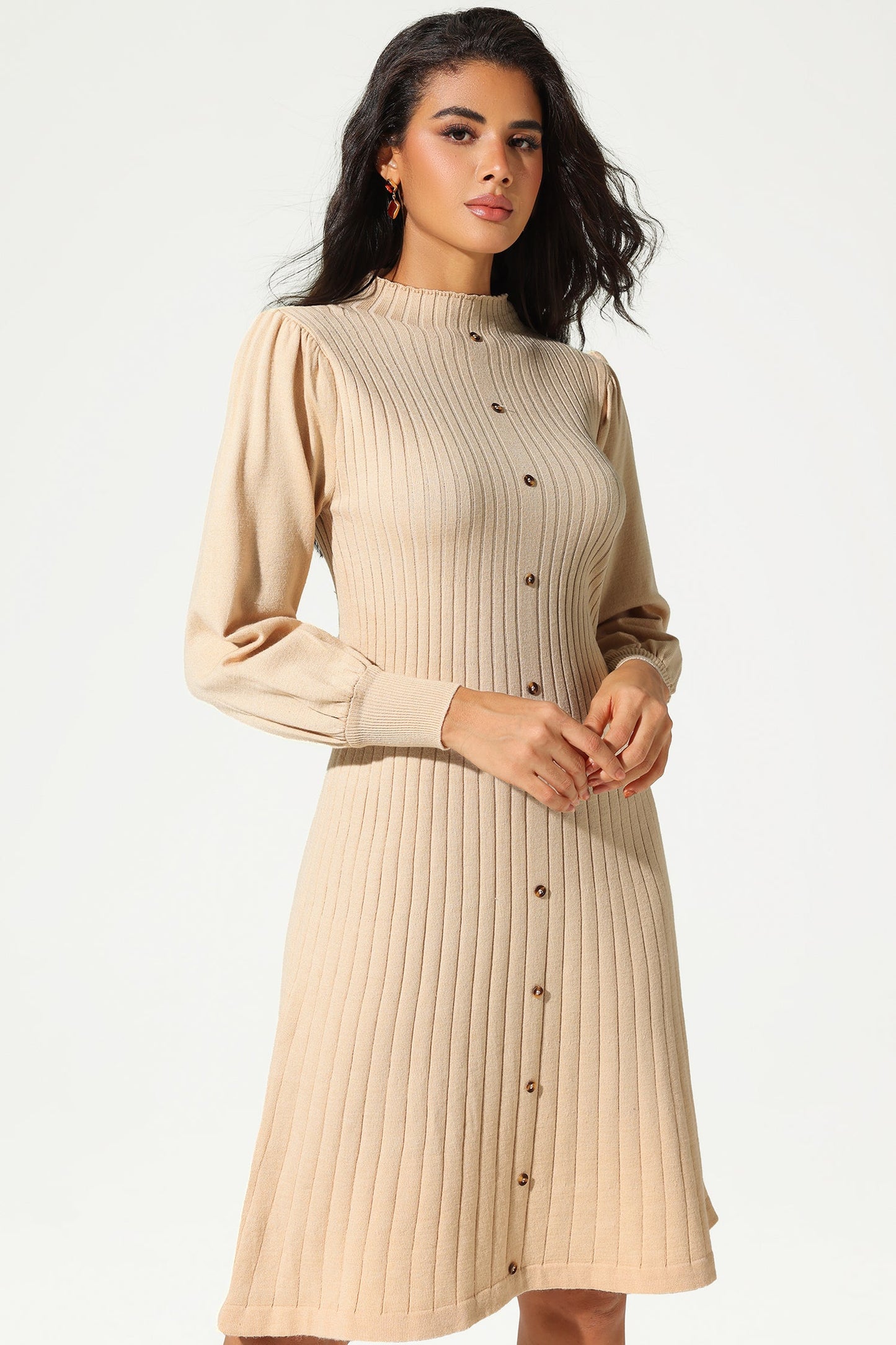 Knit Long Sleeve Pleated Buckle Slim Midi Dress