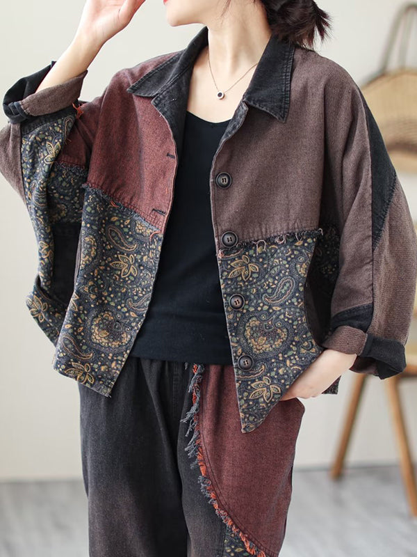 Contrast Color Fringed Split-joint Long Sleeves Printed Outwear + Harem Pants Two Pieces Set