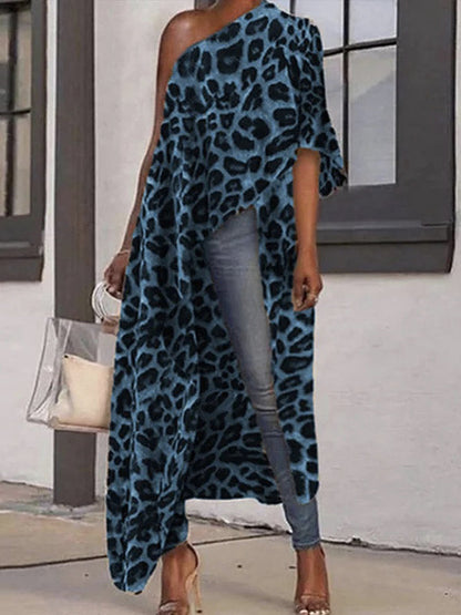 Stylish Leopard Printed Asymmetric One-shoulder Loose T-shirt Tops
