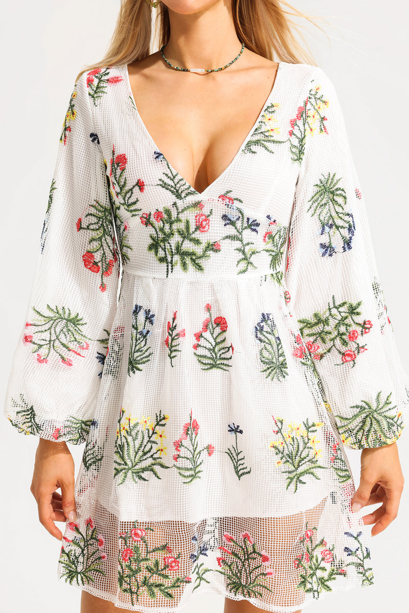 Embroidered Lantern Sleeve V-neck Mini Dress