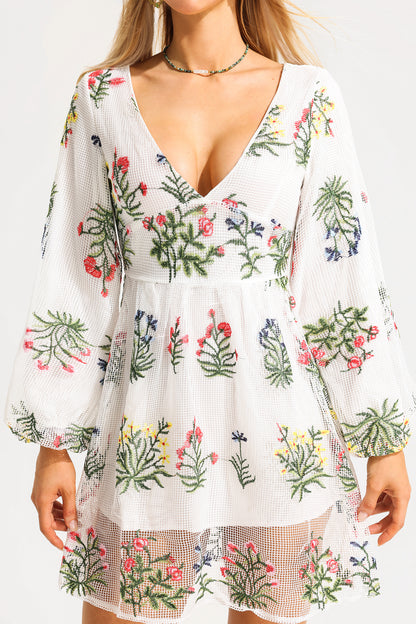 Embroidered Lantern Sleeve V-neck Mini Dress