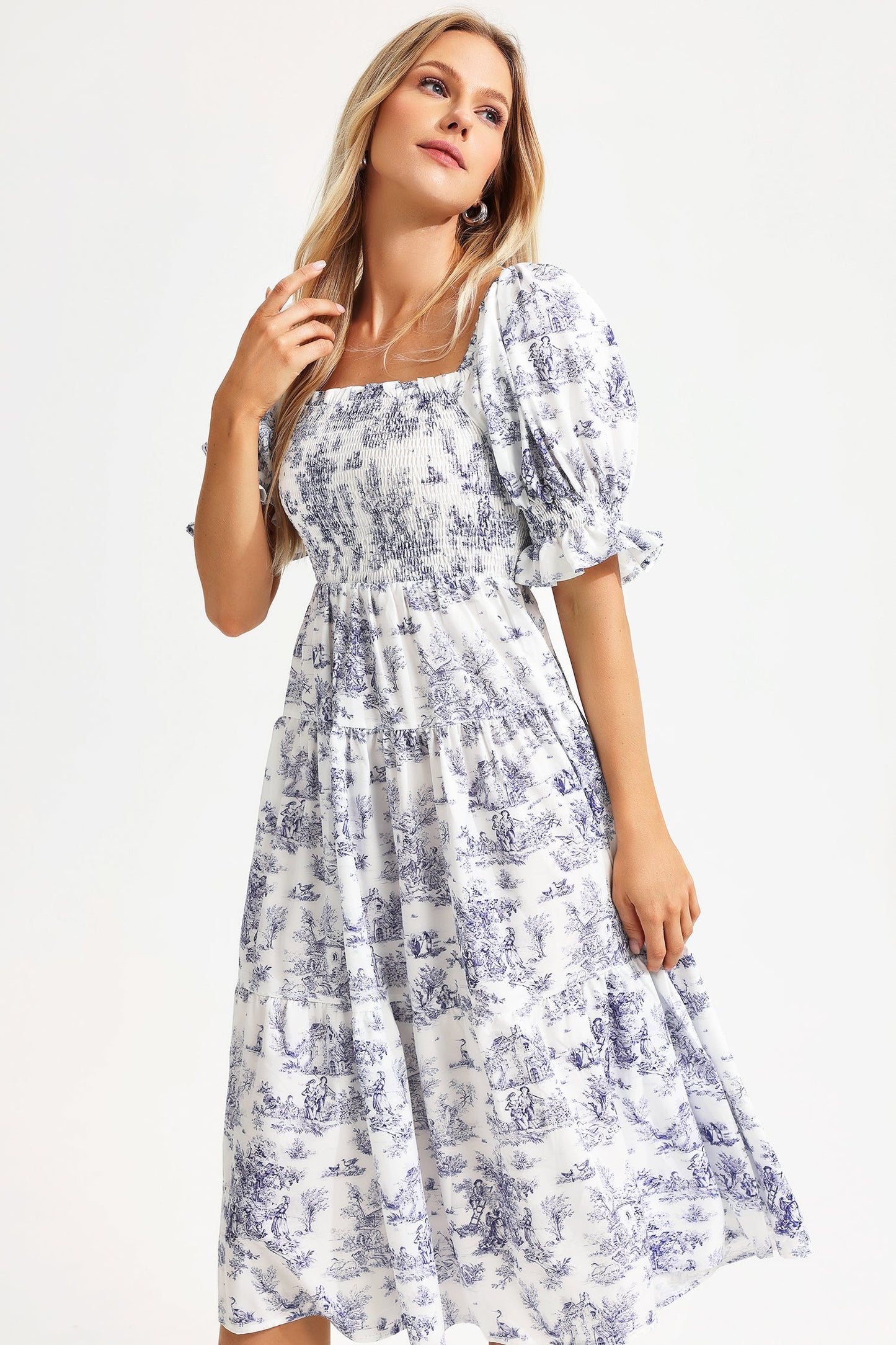 Printed Square Collar Bubble Sleeve Midi Dress
