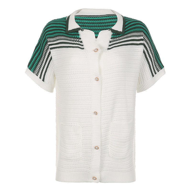 Clothing Knitted Collared Breasted Loose T Shirt Striped Woolen Contrast Color Short Sleeve Large Plate Top