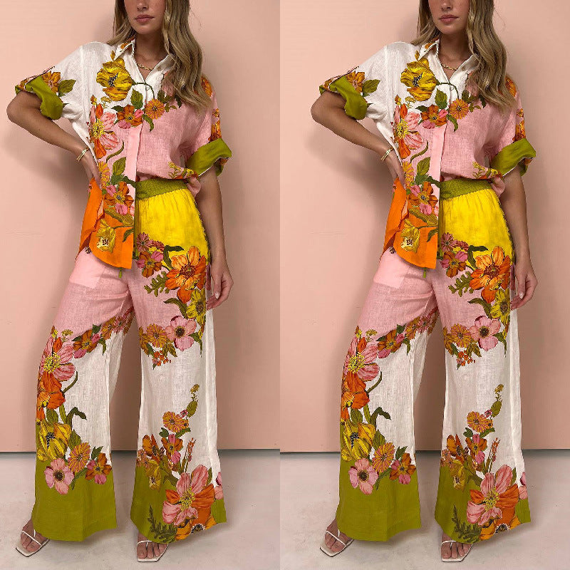Printed Cotton Linen Two-piece Suit Outfit Top Wide Leg Pants – Stylish Set