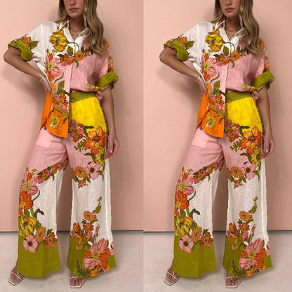 Printed Cotton Linen Two-piece Suit Outfit Top Wide Leg Pants – Stylish Set