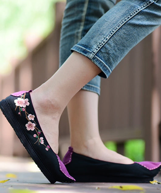Pointed Toe Flat Shoes for Black Cotton Fabric Embroidered Splicing Flats
