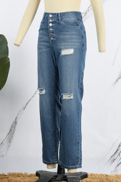 Street Ripped Buckle Low Waist Loose Denim Jeans(4 Colors)