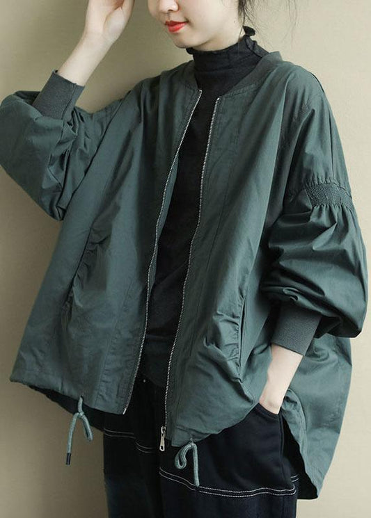 Green Zippered Pockets Low High Design Fall Coat Long Sleeve
