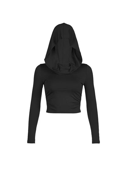 ’s Hooded Crop Tops Autumn Color Long Sleeve Cowl Neck Slim Fit Short T-shirt Sporty Basics Tees