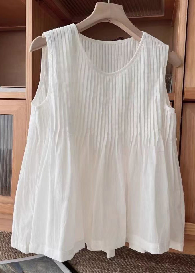 Simple White O Neck Wrinkled Cotton Vest Sleeveless