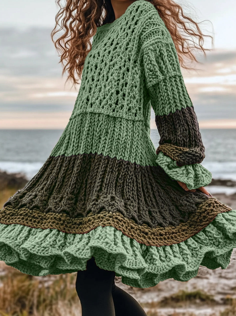 Women's Celtic Knotted Color Block Jacquard Crew Neck Sweater Dress artswardrobe