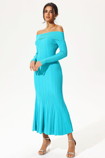 Long Sleeve Off-shoulder Slim Fishtail Knit Midi Dress