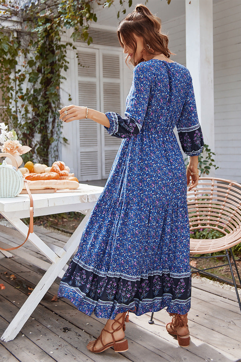 Print Puff Sleeve Loose Maxi Dress Blue