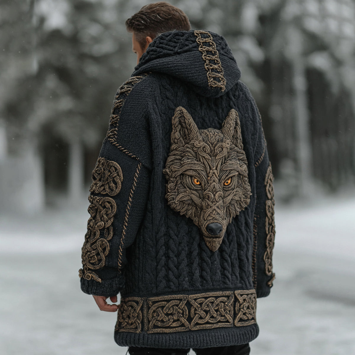 Men's Vintage Viking Celtic Knot Wolf Jacquard Knit Hooded Zipper Sweater Cardigan artswardrobe