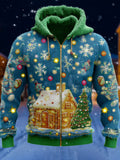 Comstylish Christmas Christmas House Color Zipper Sweater Hooded Cardigan