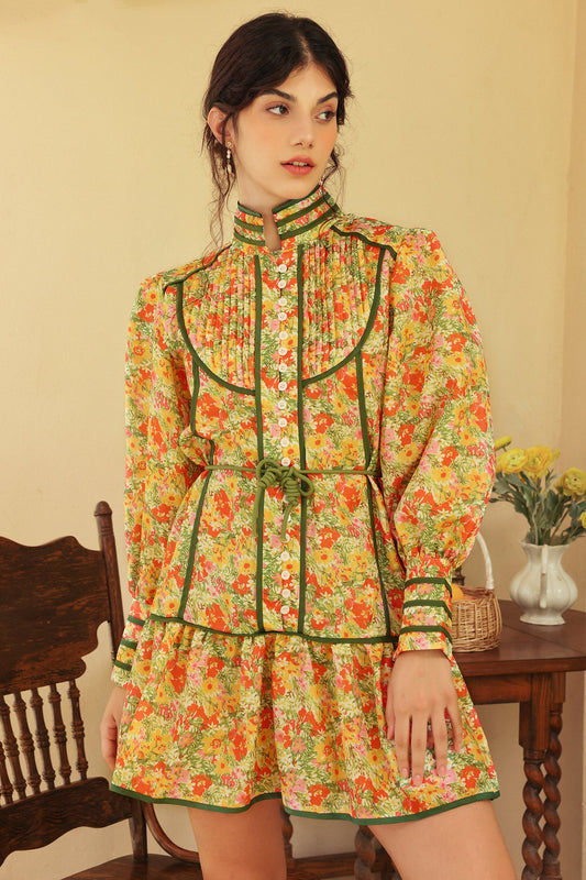 Puff Long Sleeve High Collar Lace Up Ruffle Mini Dress