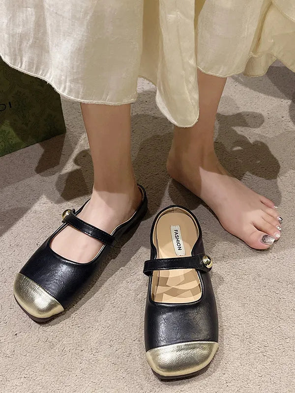Contrast Color Shallow Cut Split-joint Square-toe Flats Mary Janes Slippers&mules