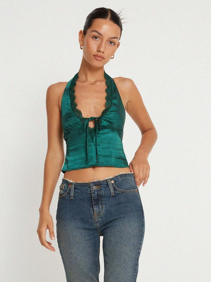 Kay Lace Trim Halter Satin Top
