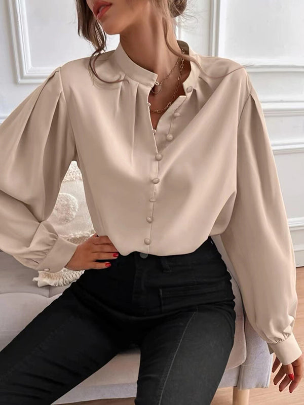 Loose Puff Sleeves Pleated Color Split-joint Stand Collar Blouses