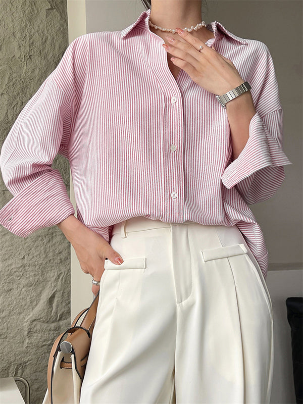 Urban Loose Striped Lapel Collar Blouses&shirts Tops