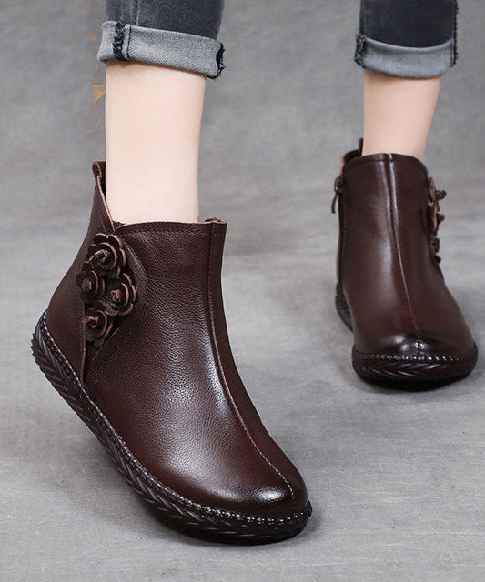 Brown Cowhide Leather Warm Fleece Boots Zippered Ankle Boots