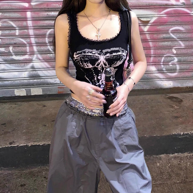 Gothic Print Tops Aesthetic Y2k Crop Top Lace Sleeveless Camisole Vest Harajuku Black Tank Top Clothes