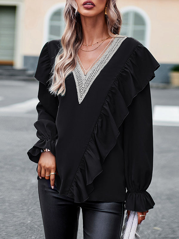 Long Sleeves Loose Asymmetric Hollow V-neck Blouses&shirts Tops