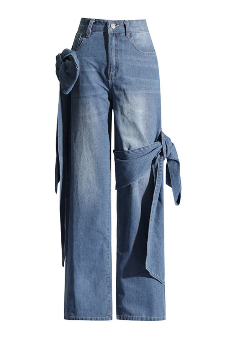 Patchwork Belted High Waist Straight Denim Jeans