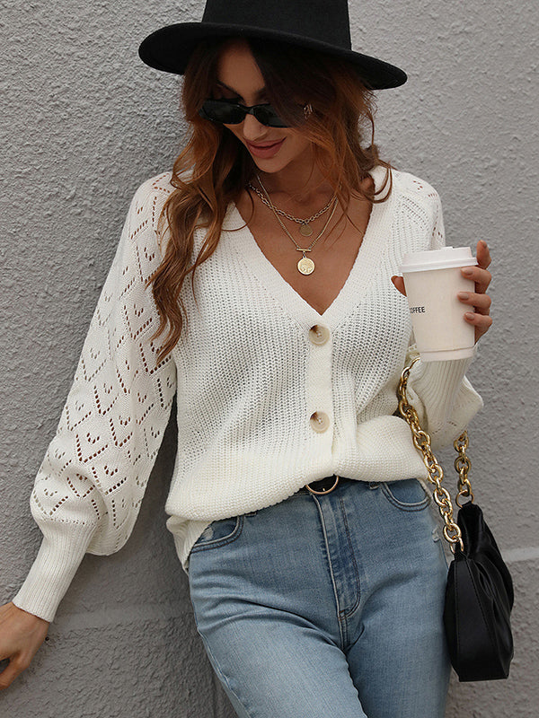 Long Sleeves Loose Color V-neck Cardigan Tops