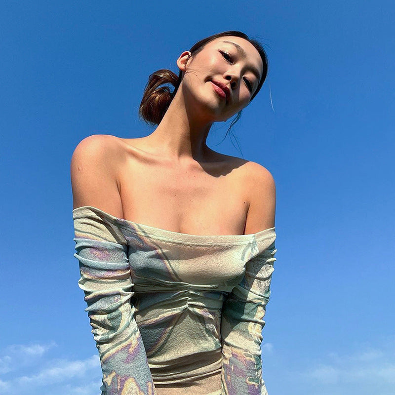 Off Neck Printed Long Sleeve Mesh Transparent Top Autumn