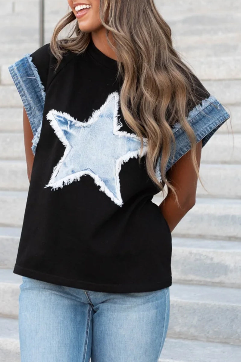 The Stars Distressed Patchwork O Neck T-shirts
