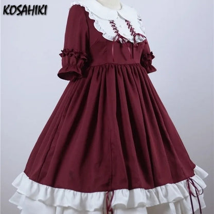Japanese Kawaii Peter Pan Collar Lolita Dresses Patchwork Bowknot Ruffles Sweet Vestido Princess Party Femme Robe