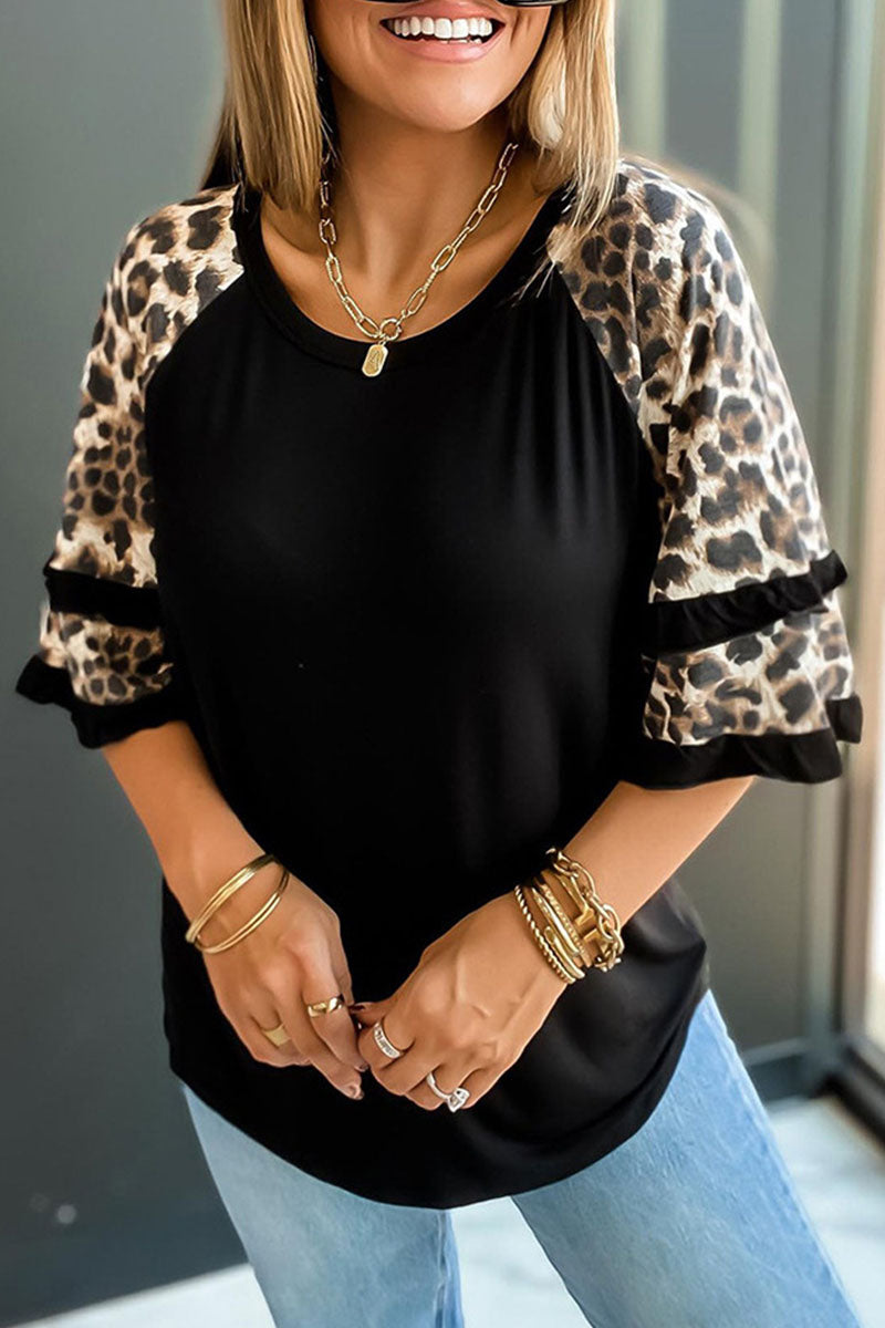 Print Leopard Patchwork O Neck T-shirts(5 Colors)