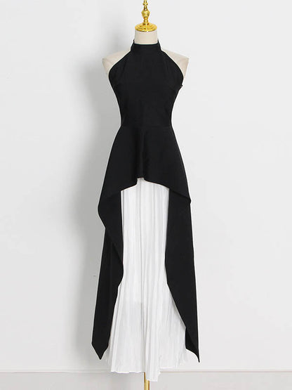 Original Sleeveless Irregularity Color High-neck T-shirt Top&pleated Skirt Bottom Two Pieces Set