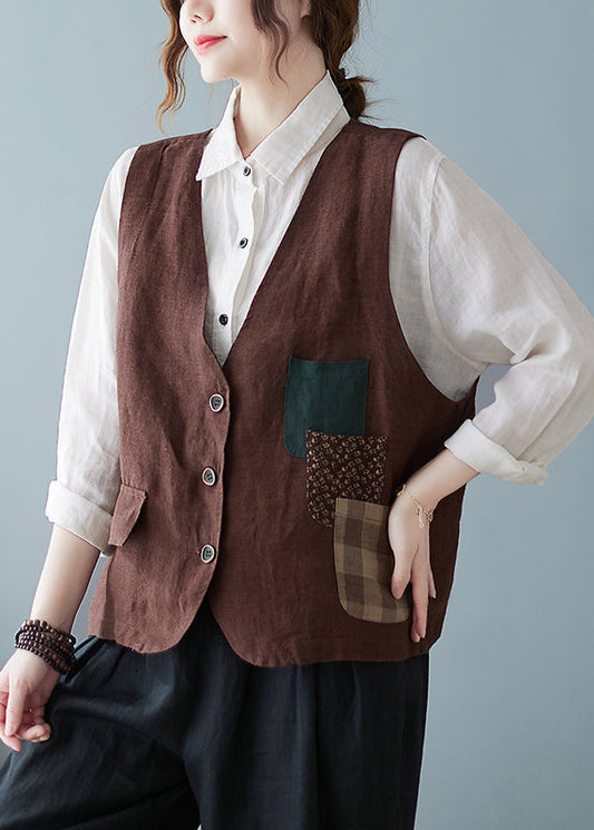 Coffee V Neck Pockets Button Cotton Vest Tops Sleeveless