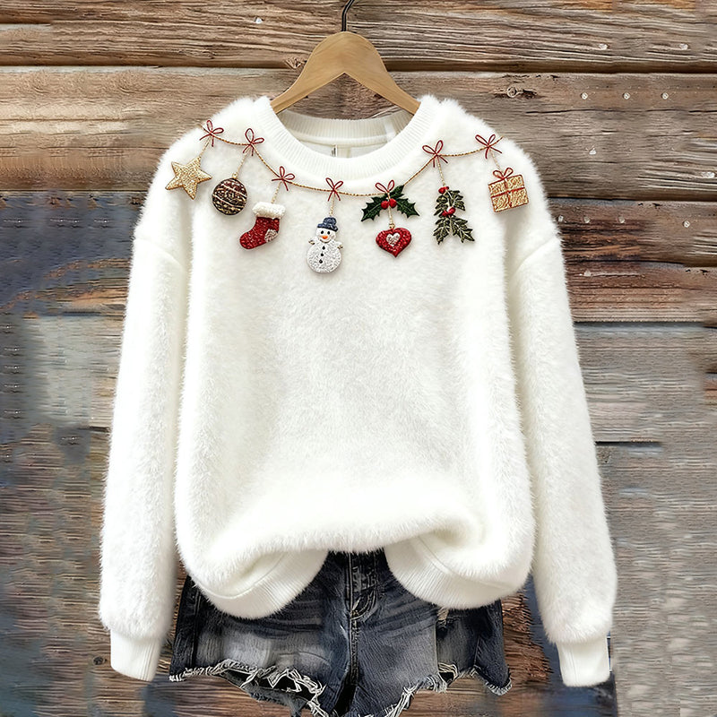 Women's Christmas Embroidered Cozy Crew Neck Plush Sweatshirt